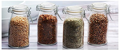 Circleware Clear Mini Round Glass Spice Jar with Swing Top Hermetic Airtight Locking Lid, Set of 4 Kitchen Glassware Food Preserving Storage Containers for Coffee, Sugar, Tea, 6.25 oz, Spice Up