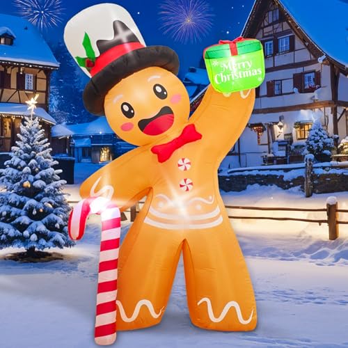 GUDELAK 180 cm Aufblasbare Weihnachtsdeko Außen, Aufblasbarer Lebkuchenmann mit Zuckerstange und Geschenkpaket, Weihnachtsdeko Aufblasbar mit LED Lichtern für innen Hof Garten Rasen Party Deko