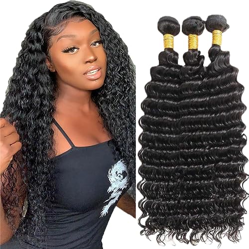 Human Hair Bundles Deep Wave Bundles Hair 24 26 28 inch 8A Grade Unprocessed Brazilian Virgin Hair Extensions for Black Women Deep Wave Human Hair Bundles