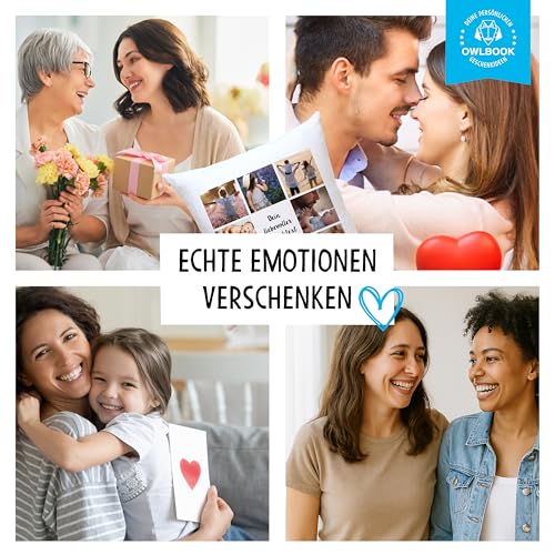 OWLBOOK® Personalisiertes Kissen mit Foto Bedrucken Lassen - Fotokissen mit 8 Fotos & Text selbst gestalten - Foto Kissen 40 x 40 cm weiß, optional mit Füllung