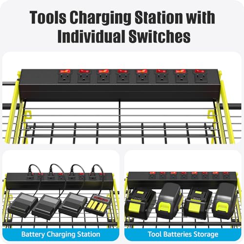 CCCEI Green Power Tool Organizer Wall Mount, Large Tools and Battery Storage Rack Charging Station Individual Switches. Drills Holder, Garage Utility Shelves with 6FT Power Strip. Gift for Men. - Image 2