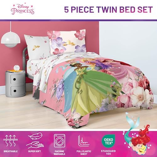 Image of Disney Princess Twin Comforter Set 5 Piece Bedding for Girls, Pink | Cinderella Rapunzel Ariel, Bed in a Bag, Comforter Sheets Sham Pillowcase, Official Product, Machine Washable, Girls Gift