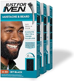 Just For Men Mustache & Beard, Beard Coloring for Gray Hair with Brush Included for Easy Application, With Biotin Aloe and Coconut Oil for Healthy Facial Hair - Jet Black, M-60, 3 Pack