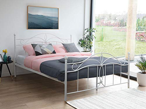 Lit Double Métallique Blanc 160 x 200 cm en Fer Forgé avec Sommier à Lattes Inclus Style Romantique pour Chambre au Style Boho ou Rétro Beliani
