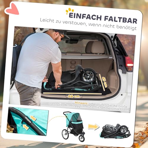 PawHut Hundewagen Jogger Hundebuggy klappbar für kleine Hunde & Katzen bis 10 kg Katzenbuggy mit 3 große Gummiräder, Kissen Netzfenstern Aufbewahrungskorb Katzenwagen mit Sicherheitsleinen, Türkis