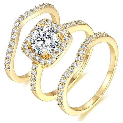 MDFUN 18K Yellow Gold Plated Cubic Zirconia Three-in-One Halo Wedding Engagement Promise Eternity Ring for Women (6.5) Cover