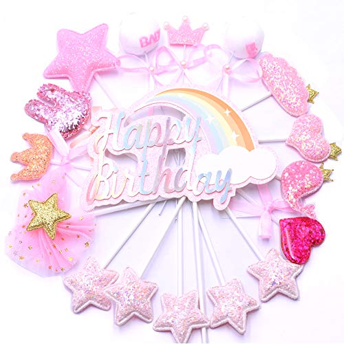 17 Pezzi Cake Topper, Glitter Cake Toppers Decorazione, Rosa Principessa a Tema Cupcake Toppers, Adatto per Decorare Torte di Compleanno, Feste Rosa