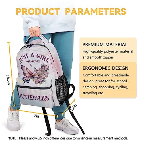 Mercuryelf Butterfly Backpack for Girls - 16 Inch Backpacks for School Travel - Just a Girl Who Loves Butterflies Fashion Lightweight Bookbag for Kids3