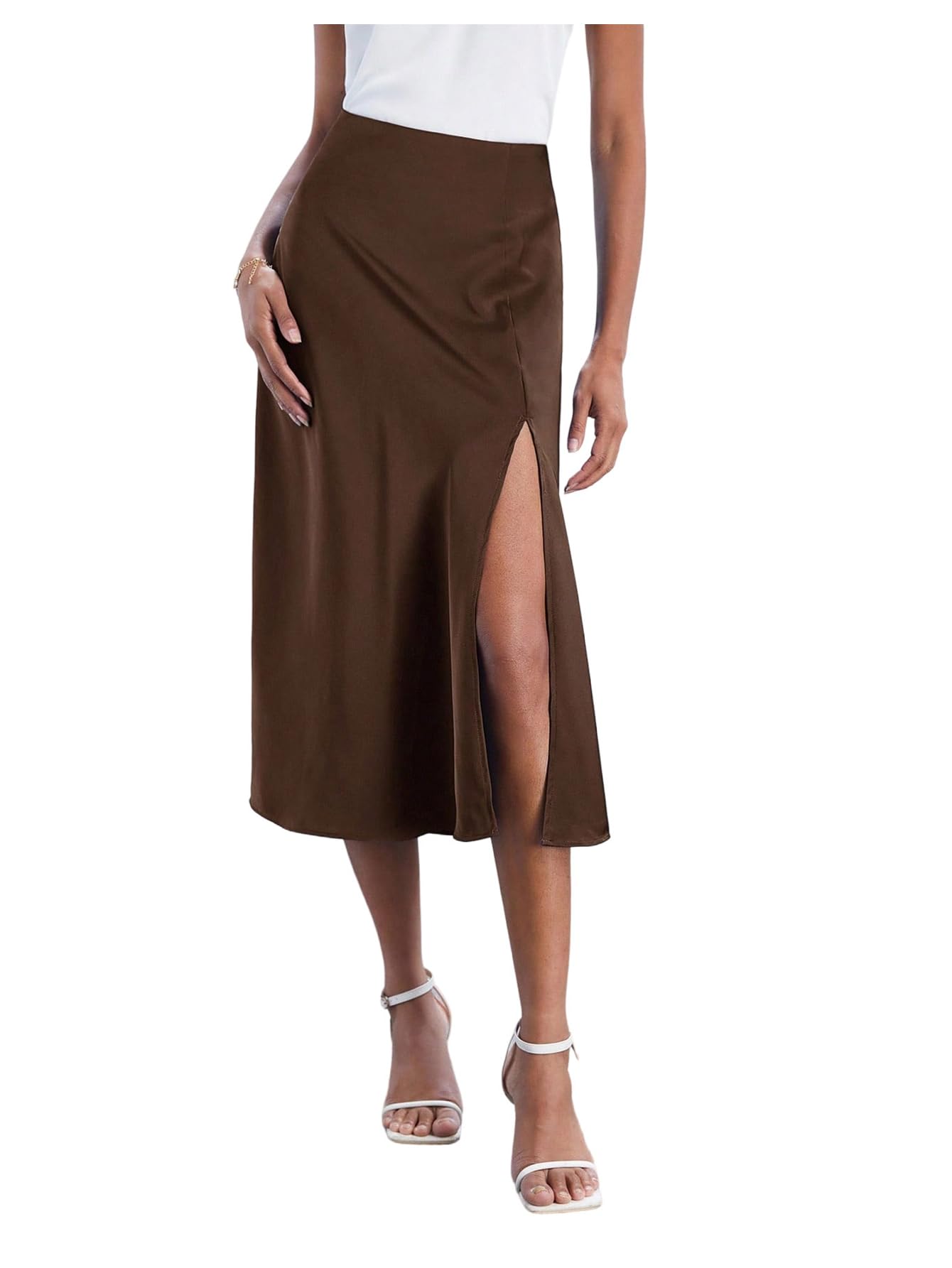 Womens Elegant Satin Midi Skirt High Waisted Split Cocktail Party Skirts Business Casual Outfits