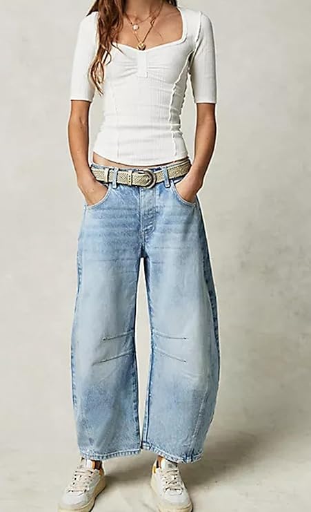 Barrel Jeans Women,Mid Rise Barrel Jeans for Women Wide Leg Loose Y2K Boyfriend Baggy Jeans Cropped Denim Pants with Pockets2
