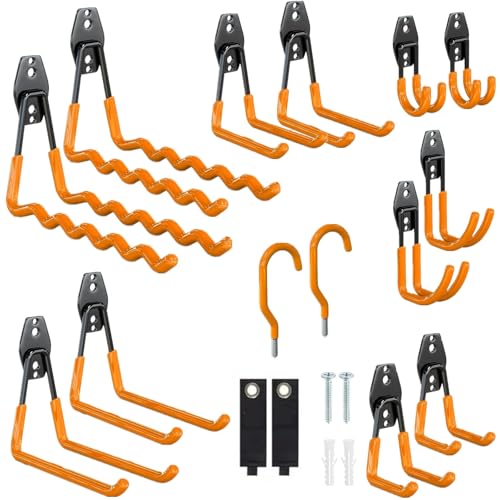 サムコス ガレージフック 壁掛け ガレージ収納 マジックテープ 16個セット 強力 L型の重い ダブルフック 自転車 工場用 DIY 工具 ガーデン ネジフック はしご/ホース/自転車/玄関/倉庫/道具収納 物置 取付用 ツール ネジ付属L(16個入り,オレンジ)
