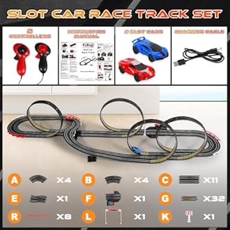 Slot Car Race Track Set for Kids Boys Ages 6 7 8-12, Battery or Electric Powered Race Car Track Plug in for Kids 6-7, Slot Car Dual Racing Game 2 High-Speed Race Car 1:64 Scale Gift Toy for Boy Girl