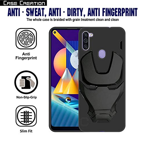 Image of COVERLY Official 3D Smooth Feel Avenger Logo Mask Soft Rugged Grip Iron Man Engraved Cartoon Movie Engraved Silicone Rubber Matte Back Cover for Samsung Galaxy M11 (2020) - Black
