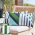 Phantoscope Pack of 2 Outdoor Pillows Waterproof Geometric Stripes Outdoor Pillow Covers, Decorative Lumbar Patio Pillows Cushion Case for Couch Tent Sunbrella, Navy and Lake Blue 12 x 20 Inches