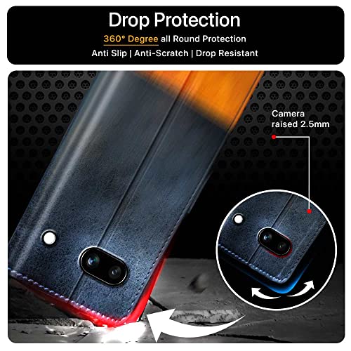 Image of FLIPPED Vegan Leather Flip Case Back Cover for Google Pixel 6A (Flexible, Shock Proof | Hand Stitched Leather Finish | Card Pockets Wallet & Stand | Irish Blue with Tanned Oak)