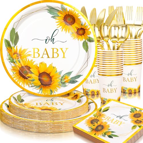 Gudvilla 168Pcs Sunflower Baby Shower Decorations for Girl Baby Shower Plates and Cups and Napkins Sets Sunflower Plates Serve 24 Baby In Bloom Yellow Oh Baby Party Easter Spring Summer Fall Party