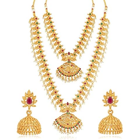 Radhna Indian Classic Pearl Gold Plated Long Haram Necklace Set for Women (SKR70419), Pink & Green, Free Size, Brass Copper, No Gemstone Cover