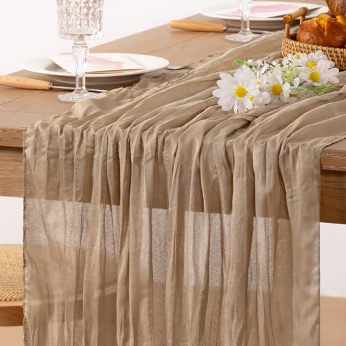 Image of MLMC 2 Pack Nude Cheesecloth Table Runner 10ft Boho Gauze Taupe Cheese Cloth Table Runner Rustic Neutral Centerpiece Decor 35x120 Inches for Wedding Farmhouse Reception Home Decor