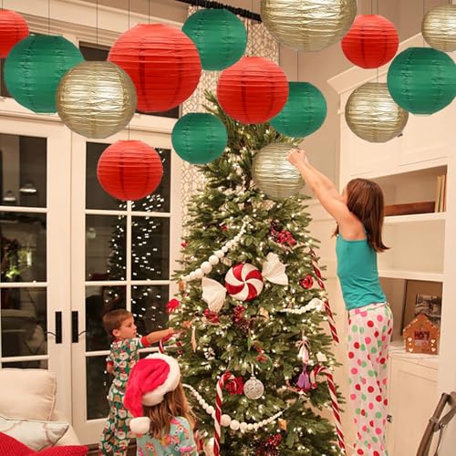 Image of Green Red Paper Lanterns Decorative 12pcs Christmas Hanging Decorations for Graduation Anniversary Birthday Party