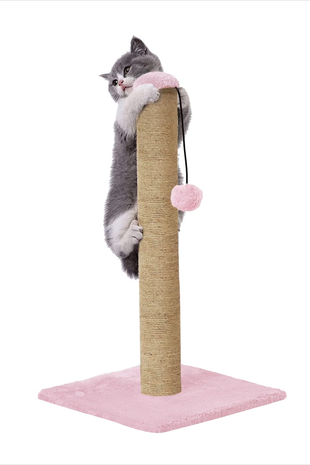 Mellifluous Scratching Post Cat Kitten Tree | Hanging Ball | Plush Fur Fabric | Sisal/Jute Rope | Stable Heavy Base (20 inch, Pink)