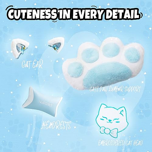 Blue Gaming Chair with Footrest, Ergonomic Cute Gamer Desk Chair with Cat Ears, Comfortable Computer Chair for Girls, Women, and Adults