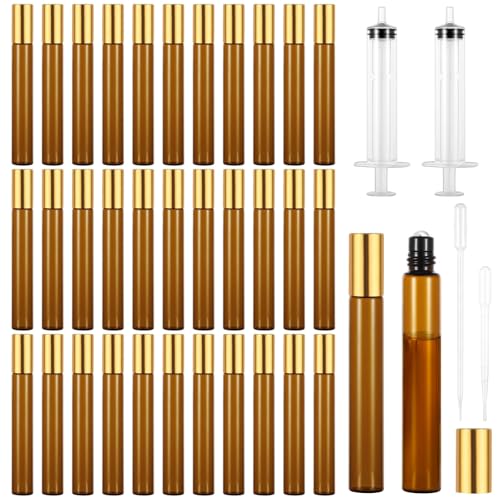 150 PCS Essential Oil Roller Bottles - Oil Perfume Leak Proof 10ml Empty Glass Roller Bottles with Stainless Steel Roller Balls with 5 Funnels for Travel Business Amber Brown
