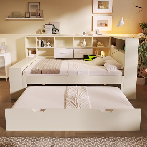 ZKLOEP Cama individual de madera, 90 x 190 cm, color blanco, cama nido, compartimentos de almacenamiento en tres lados y puertos de carga USB/tipo C, cama juvenil que ahorra espacio con mucho espacio