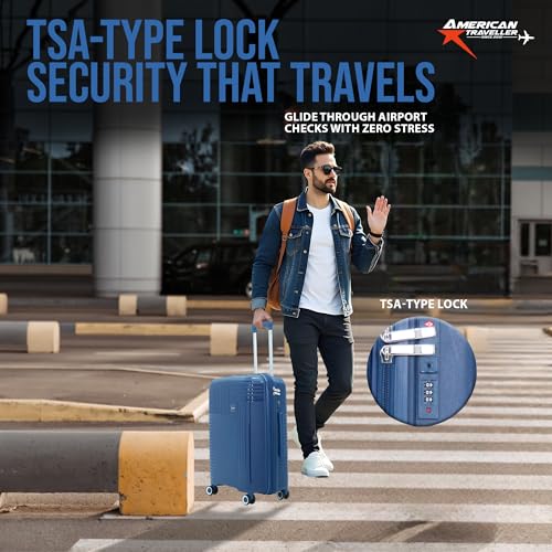 Image of AMERICAN TRAVELLER Touris Travel Trolley Bag Single Medium | Lightweight Expandable Polypropylene Hard Shell | Large Suitcase with TSA Lock | 8 Lego Wheels | Travel Luggage for Men & Women (24, Blue)