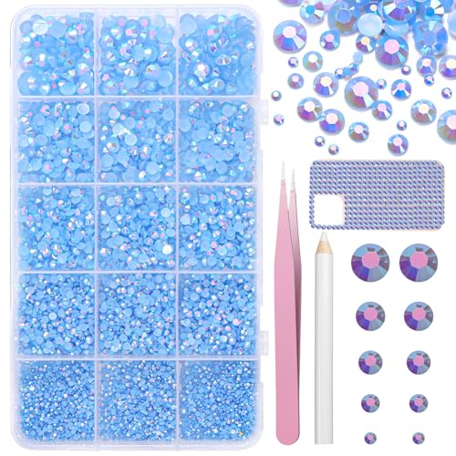 Image of 16000 Pcs Resin Rhinestones for Crafting, Flatback Light Blue Gems Jelly Rhinestones, Mixed Sizes Blue Bedazzling Crystal with Pickup Tool for DIY Crafts Clothing Tumblers Mugs Shoes Fabric Nail Art