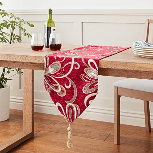 Chenille Chateau Vintage Floral Design 13" X 70" Table Runner, Color Burgundy #TOP4