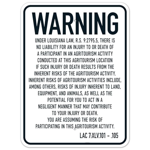 Louisiana Agritourism Limited Liability Warning Aluminum Tin Sign 12×8 Inch, Farm Activity Plaque