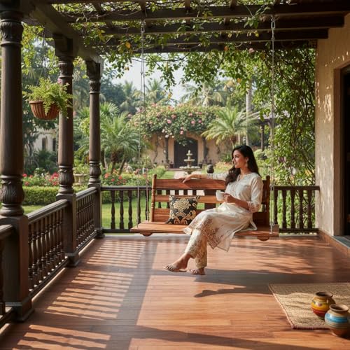 Image of APRODZ Jhula for Adults for Home 3 Seater Swing Wooden Jhula for Indoor Outdoor & Balcony Traditional Hammock House Swings Jhula| House Swings Backyard for Adults (52 Inches, Natural Finish)