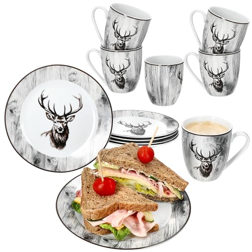 MamboCat Alois 12tlg Frühstücksset I je 6x Frühstücksteller & Kaffeebecher 350 ml aus Porzellan I 6 Personen I Holz-Optik & Hirschmotiv in Schwarz-Weiß I für Frühstück & Kaffee