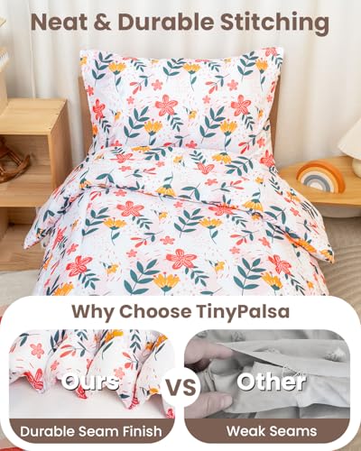 Image of TinyPalsa 4-Piece Toddler Bedding Set, Toddler Bed Comforter Set for Girls | Includes Comforter, Fitted Sheet, Flat Sheet & Pillowcase, Flowers