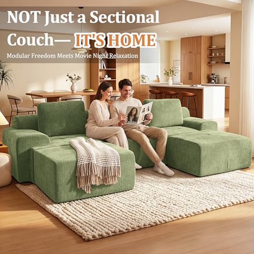 Image of 159 inch U-Shaped Modular Sectional Sofa, Oversized Boneless Cloud Couch for Living Room with Extra Deep Seat & High Back, Tool-Free No Assembly, Soft Chenille (Olive Green, 159 inch-U shaped（4+2）)