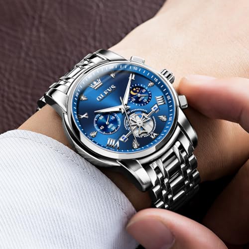 Image of OLEVS Watch for Men Stainless Steel Chronograph Big Face Easy to Read Analog Quartz Watches Luxury Waterproof Date Diamond Roman Arabic Numerals Dial Dress Wrist Watches, 2856:Silver Blue, Classic