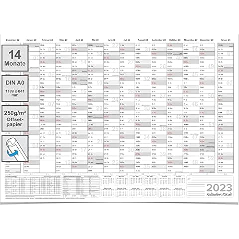 XXL Jahresplaner Wandkalender 2023 14 Monats Übersicht grau 118,8x84,0cm DIN A0 groß gerollt. Wandplaner Cover