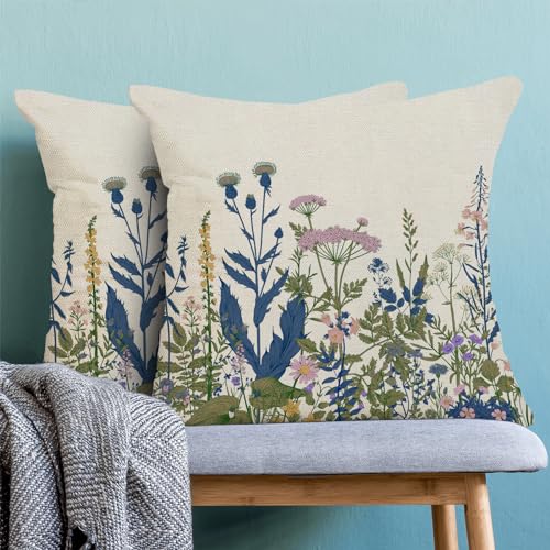 Image of AEIOAE Navy Blue Teal Pillow Covers 22x22 Inch Set of 2, Spring Wildflower Plant Throw Pillows Case,Seasonal Floral Outdoor Decorative Flowers Farmhouse Decor Cushion Covers for Home Sofa Bed Couch
