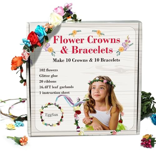 EggSun Flower Crown Making Kit for Girls Kids Gift Tea Party Spring Craft Bracelet DIY Fairy Flower Crown Kit Kids Birthday Party Floral Hair Arts Crafts Spring Easter Gift for Girls 5 6 7 12 Year Old