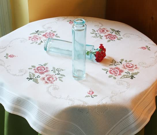 DECO-LINE Pink Rose Printed Tablecloth Embroidery KIT, White, 80 X 80 cm, 31.5 x 31.5 inch (Square)