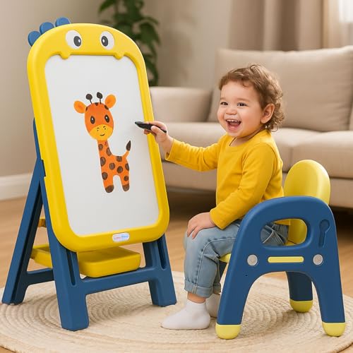 Image of Little Olive Kids Chair and Drawing Board with Easel Plastic Activity Table | Multi Functional Station for Toddler Learning and Art Play | DIY Yellow Set for Ages 3 to 7