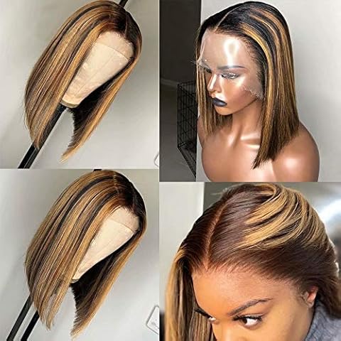 oulaer Hair 1B/27 Ombre Brown Honey Blonde Short Bob Wig 13x4 Lace Front Human Hair Wig Natural Hairline Pre Plucked With Baby Hair Brazilian Remy Virgin Hair 150 Density 14 Inch Cover