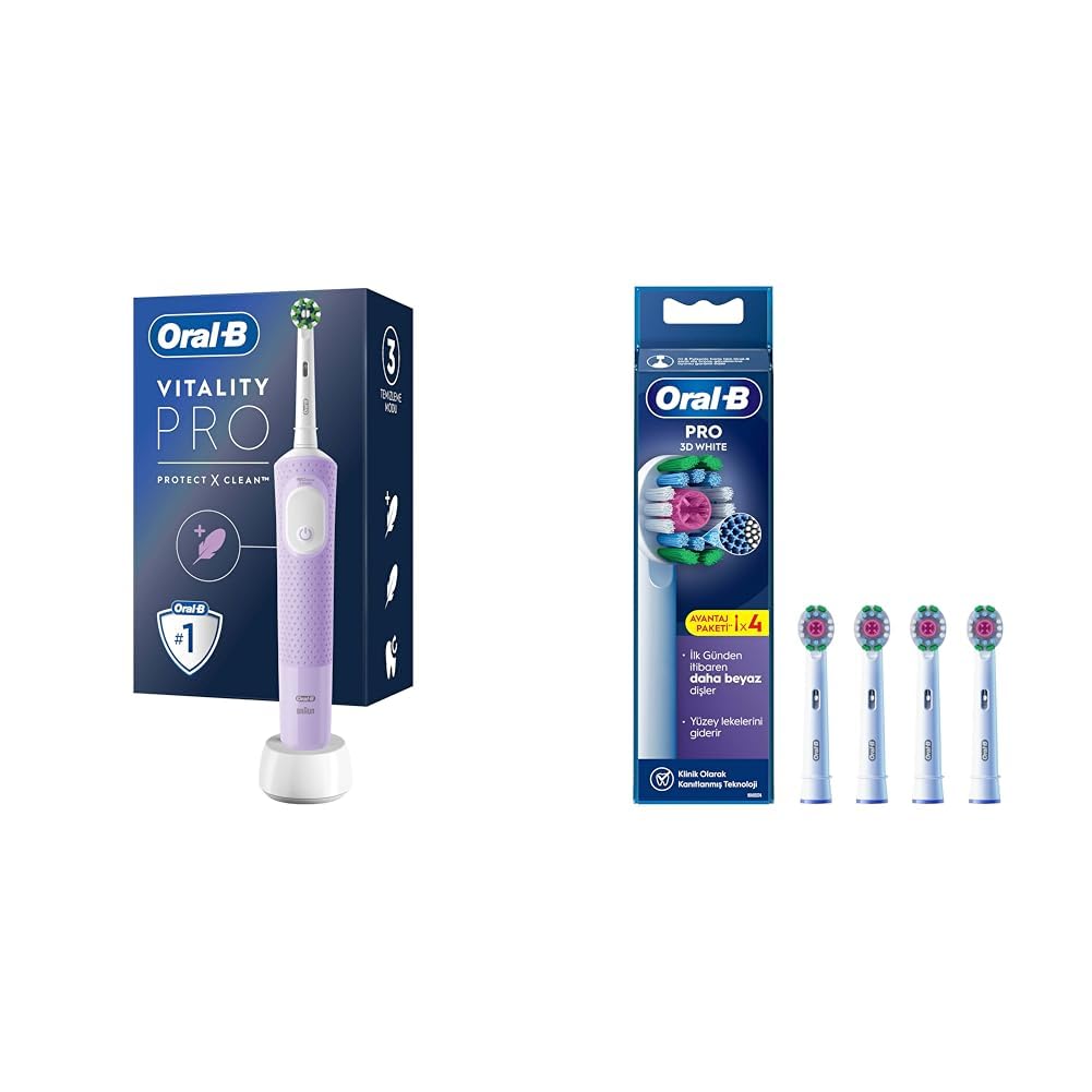 Oral-B Şarjlı/Elektrikli Diş Fırçası Vitality Pro Lila Koruma ve Temizlik + Oral-B 3D White X-Filament Şarjlı Diş Fırçası Yedek Başlığı 4 Adet