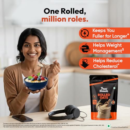 Image of True Elements Rolled Oats 1.2kg (Pack of 4) | 100% Whole Grain | High Fiber & Protein | Healthy Breakfast Cereal | Jumbo Oats useful for oatmeal | Diet Food for Weight Management