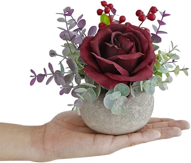 Condition photo showing New/Like New for small artificial burgundy rose potted plant, 2 pcs mini faux decor