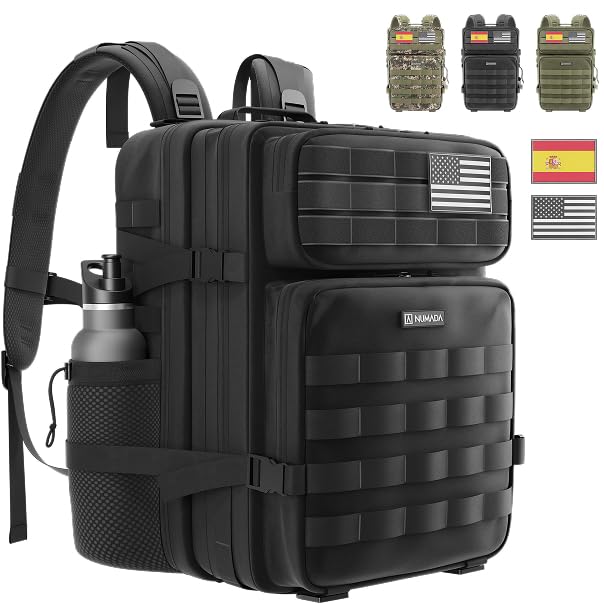 NUMADA Mochila Táctica Impermeable 50L Army 50 con Sist MOLLE y Apertura 180º, 18 Compartimentos, Portátil, Bolsillo Antirrobo. Mochila militar, Trekking, Senderismo, Crossfit y Viaje, Negro
