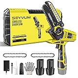 SEYVUM Mini Chainsaw with 2 Batteries 2 Chains, Portable Electric Chainsaw Cordless Handheld Small Power Chain Saws with Security Lock, Hand Saw for Trees Trimming Branch Wood Cutting