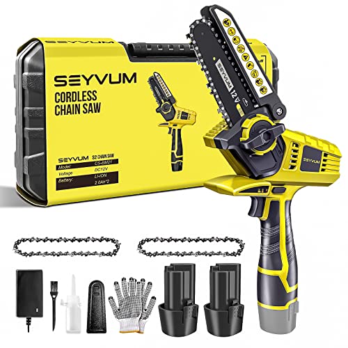 SEYVUM Mini Chainsaw with 2 Batteries 2 Chains, Portable Electric ...