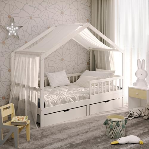 CADANI Davi Lit de maison, 90 x 200 cm, blanc, protection anti-chute, Montessori amovible, lit d'enfant, convertible, avec sommier à lattes enroulables, charge maximale...