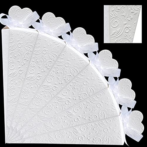 50pcs Cônes Boîtes Bonbons Mariage Dragées Ballotin Papier Bonbonnière Biscuits Anniversaire Baptême Communion avec Ruban Organza Blanc